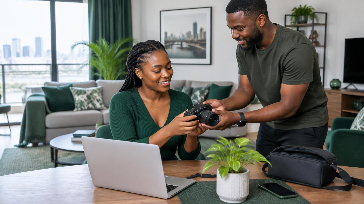 Illustrative scene of two people inspecting a pre-owned camera together