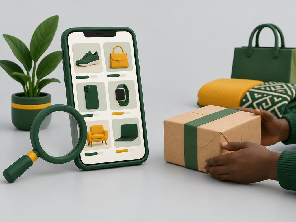 Illustration of searching item listings and receiving a parcel
