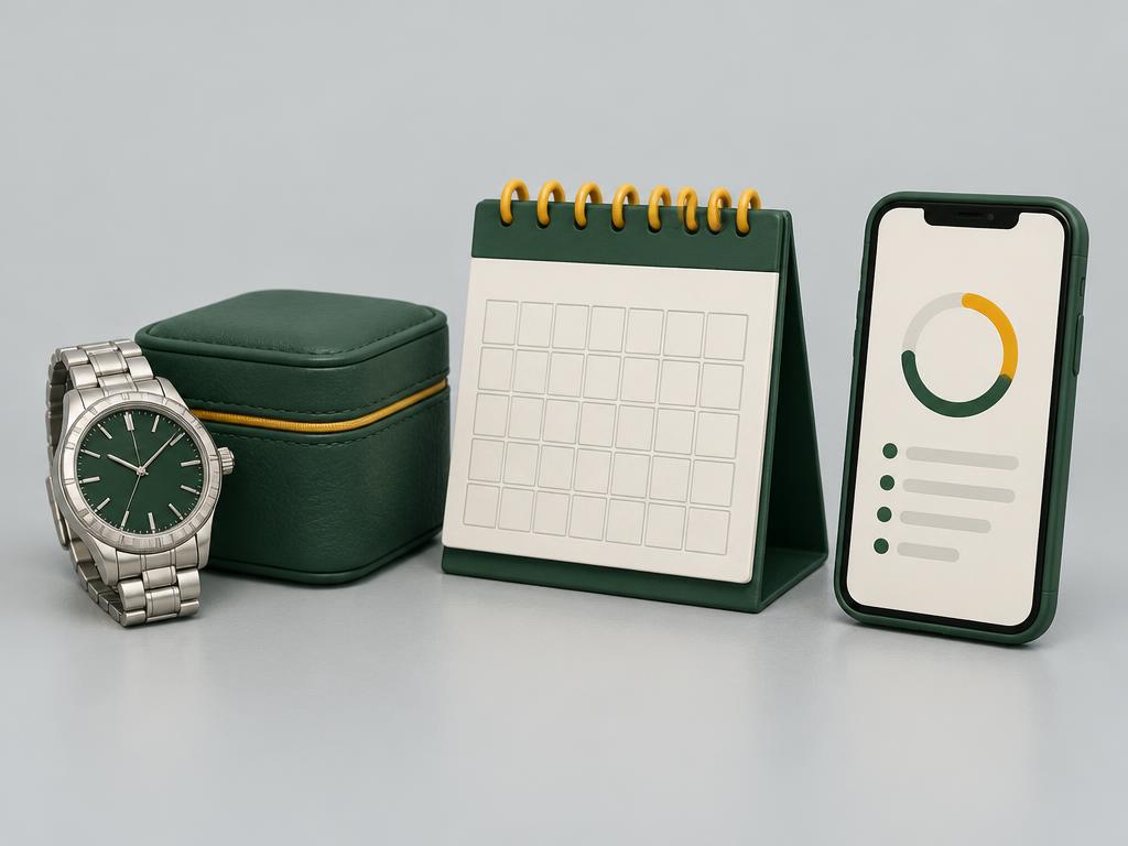Illustration of a watch, storage case and repayment calendar
